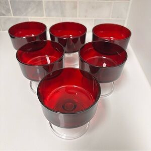 6 Vintage MCM Ruby Red Arcoroc Dessert Sorbet Cups Clear Stem Holiday Best EUC